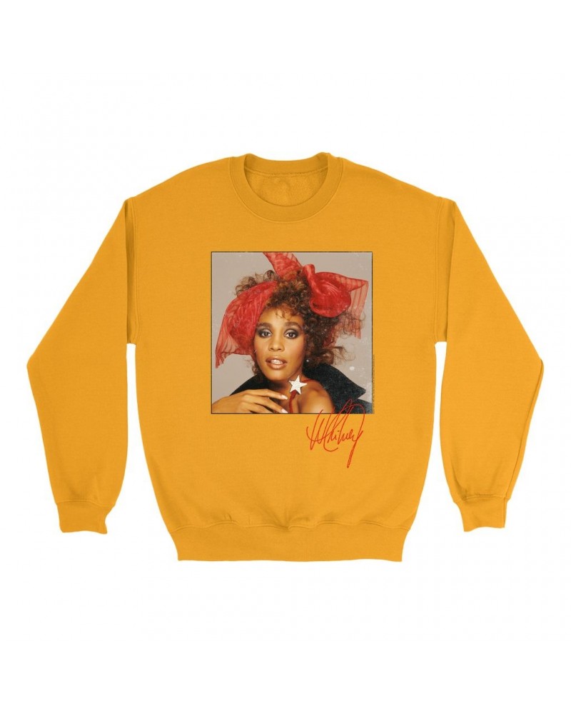 Whitney Houston Bright Colored Sweatshirt | Whitney Red Star Photo With Signature Distressed Sweatshirt $16.99 Sweatshirts