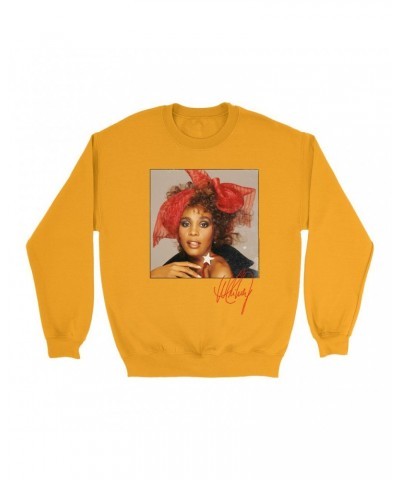 Whitney Houston Bright Colored Sweatshirt | Whitney Red Star Photo With Signature Distressed Sweatshirt $16.99 Sweatshirts