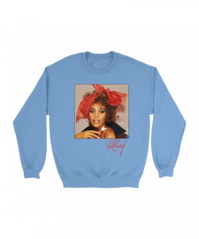 Whitney Houston Bright Colored Sweatshirt | Whitney Red Star Photo With Signature Distressed Sweatshirt $16.99 Sweatshirts