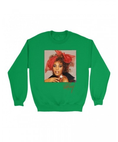 Whitney Houston Bright Colored Sweatshirt | Whitney Red Star Photo With Signature Distressed Sweatshirt $16.99 Sweatshirts