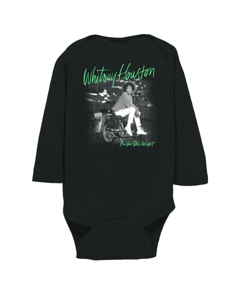 Whitney Houston Long Sleeve Bodysuit | I'm Your Baby Tonight Album Cover Green Design Bodysuit $11.82 Shirts