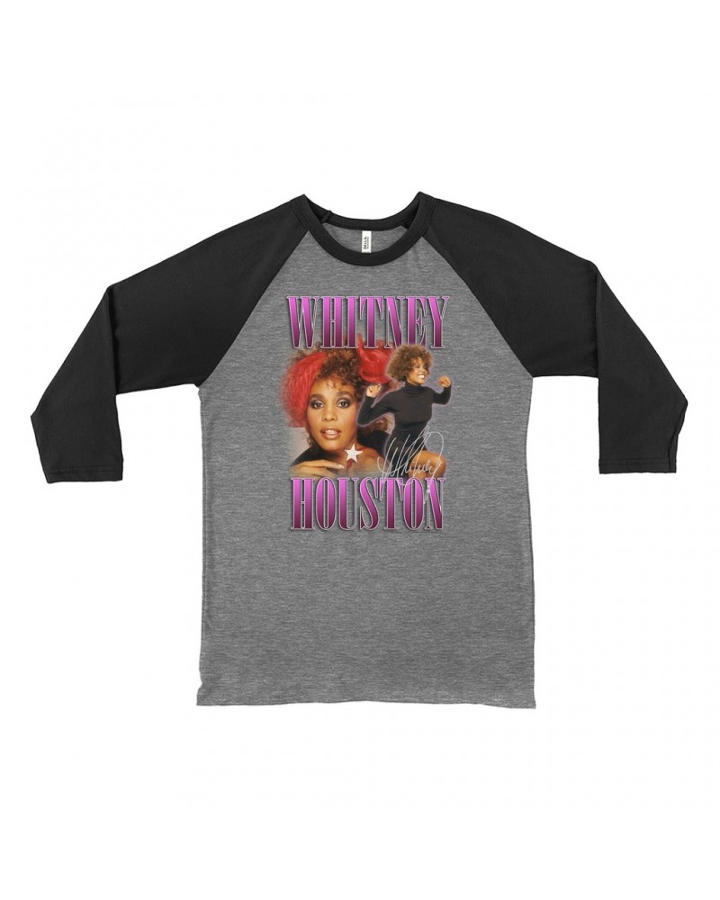 Whitney Houston 3/4 Sleeve Baseball Tee | Purple Collage Design Shirt $6.23 Shirts